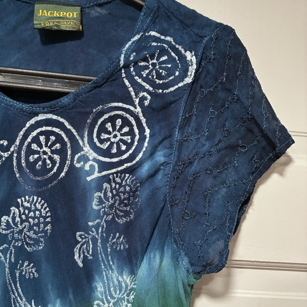 Jackpot Women's Boho‎ Festival Tie Dye Tunic Top Free Size Short Sleeves Blue - Picture 4 of 11